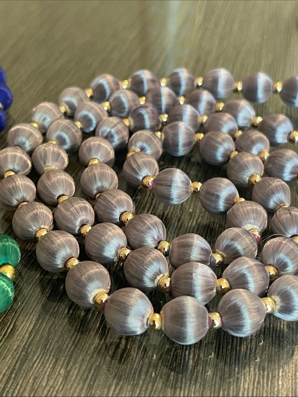 Vintage 3 Necklaces with Spun Silk Satin Beads Gold Tone Spacers 30 In. Approx